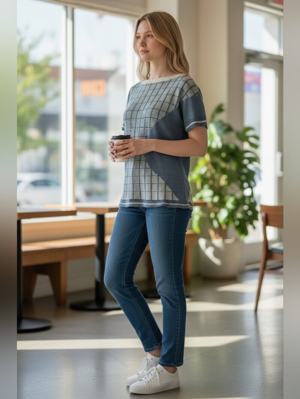 St. John Blue and Cream Plaid Short Sleeve Top